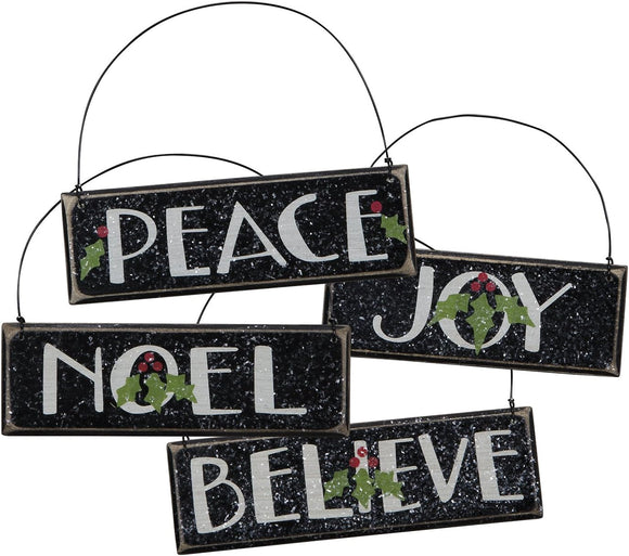 Primitives by Kathy Holiday Peace, Noel, Joy, Believe Christmas Ornament Set #22507