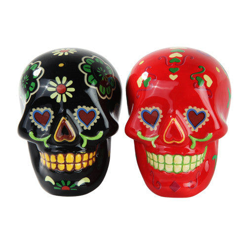 Pacific Giftware DOD Sugar Black & Red Skulls Salt & Pepper Shakers Set #10170