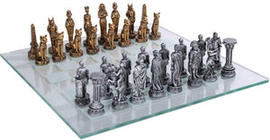Pacific Giftware Egyptian vs Roman Chess Set with Glass Board New #11070