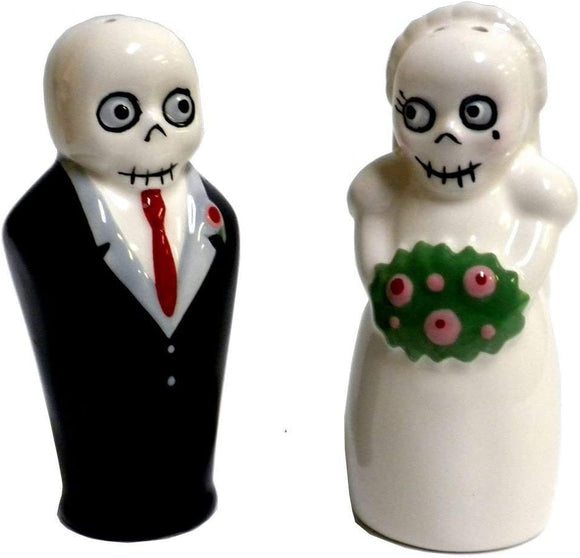 One Hundred 80 Degrees Newlydeads Skeleton Bride and Groom Ceramic Salt and Pepper Shakers Set #PJ0350