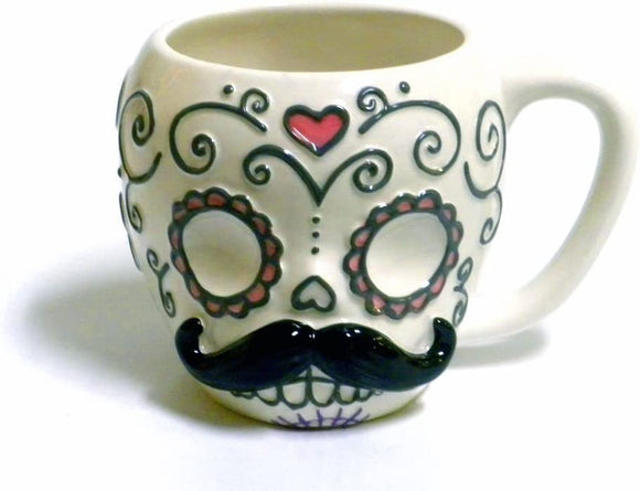 One Hundred 80 Degrees Sugar Skull with Mustache Ceramic Coffee Mug #CS0014