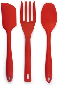 RSVP International Ela Silicone Utensils, Spoon, Spatula, and Fork Set, Red