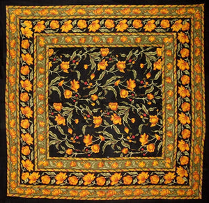 India Arts 60"x60" French Floral Square Tablecloth, Amber on Black #TC391-04