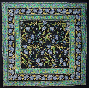 India Arts 70"x70" French Floral Square Cotton Tablecloth, Blue on Black #TC391-03