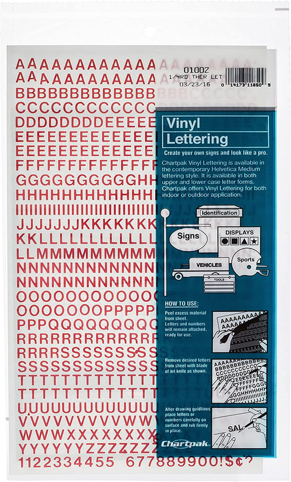 Chartpak 1/4 Vinyl Capital Letters and Numbers, Red #1002